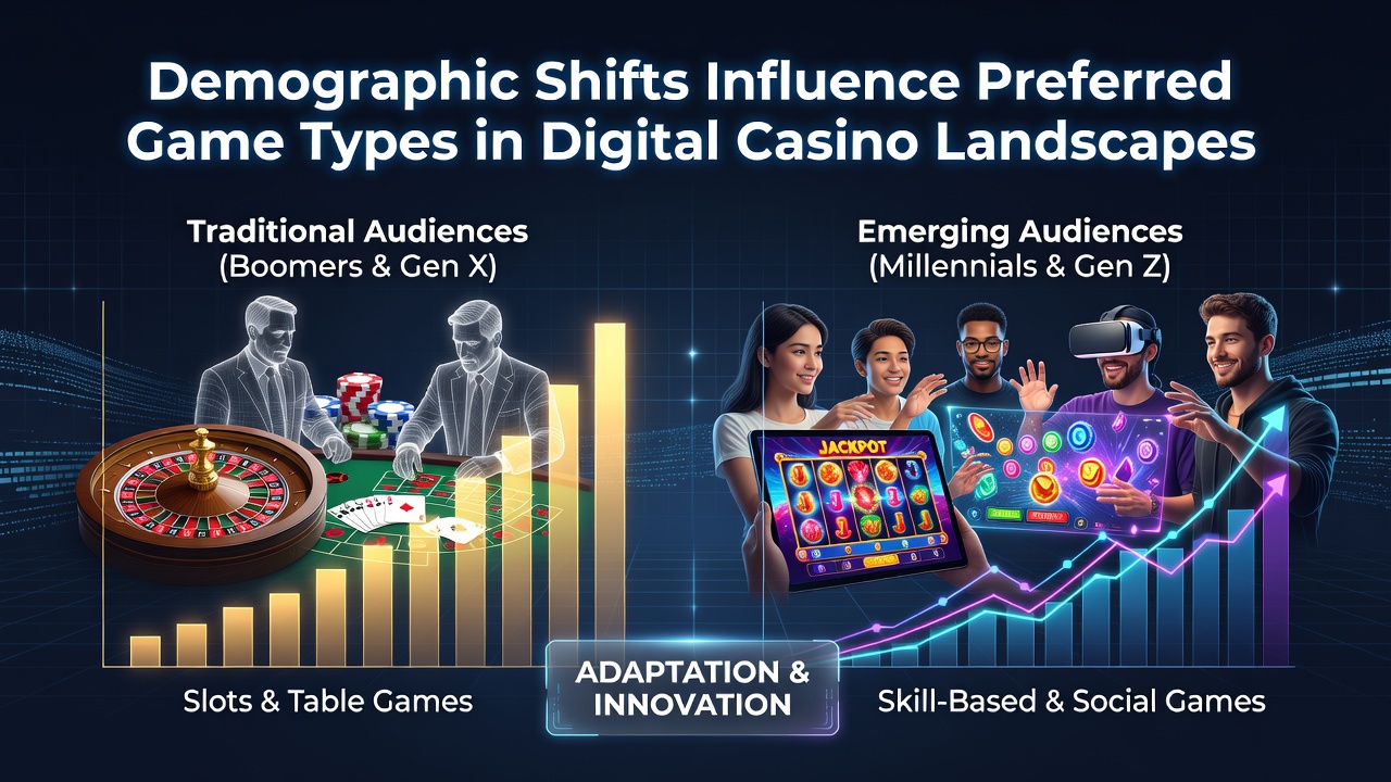 Charts and graphs illustrating demographic changes and their impact on online casino game selections across different age groups and regions