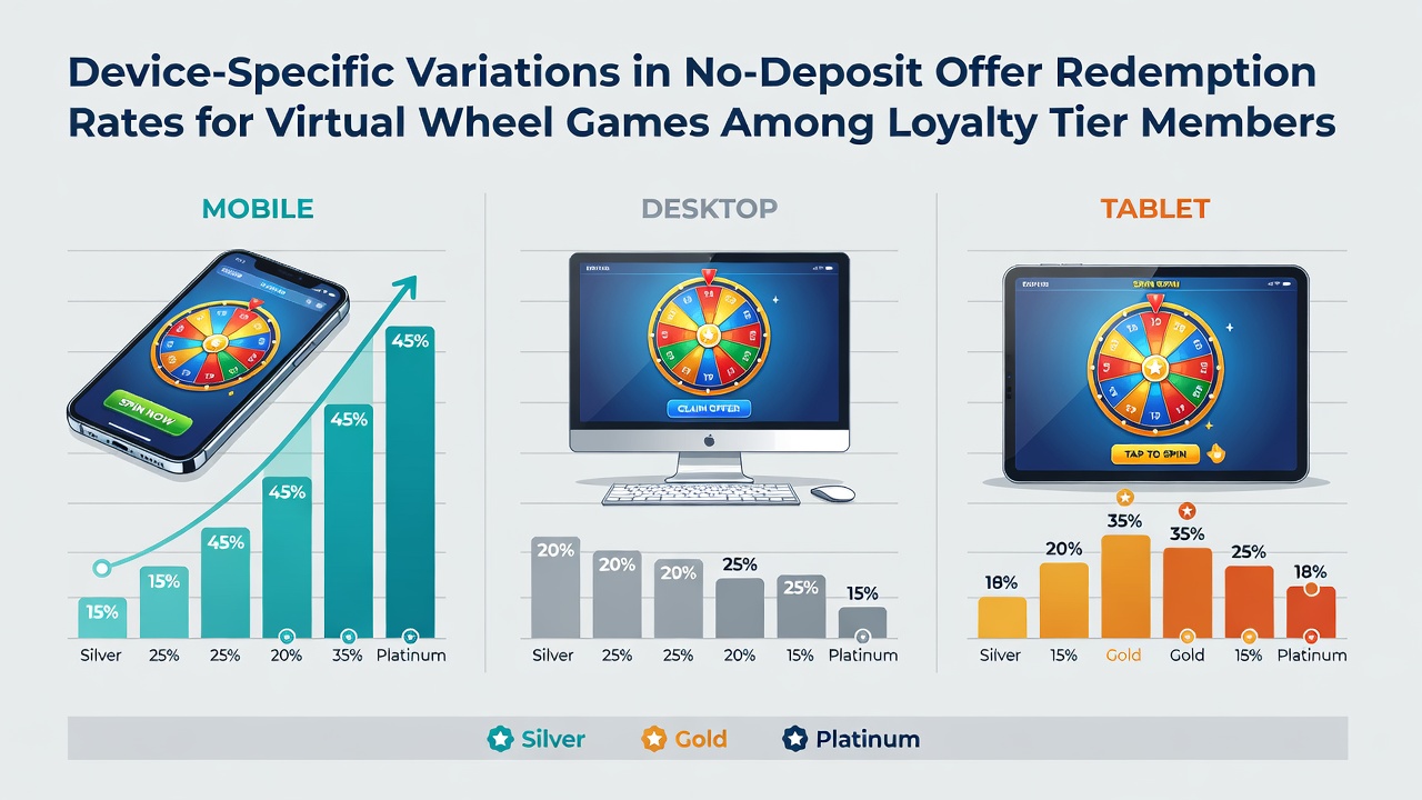 Chart showing device-based redemption rate differences for no-deposit virtual wheel offers across loyalty tiers in June 2026 data