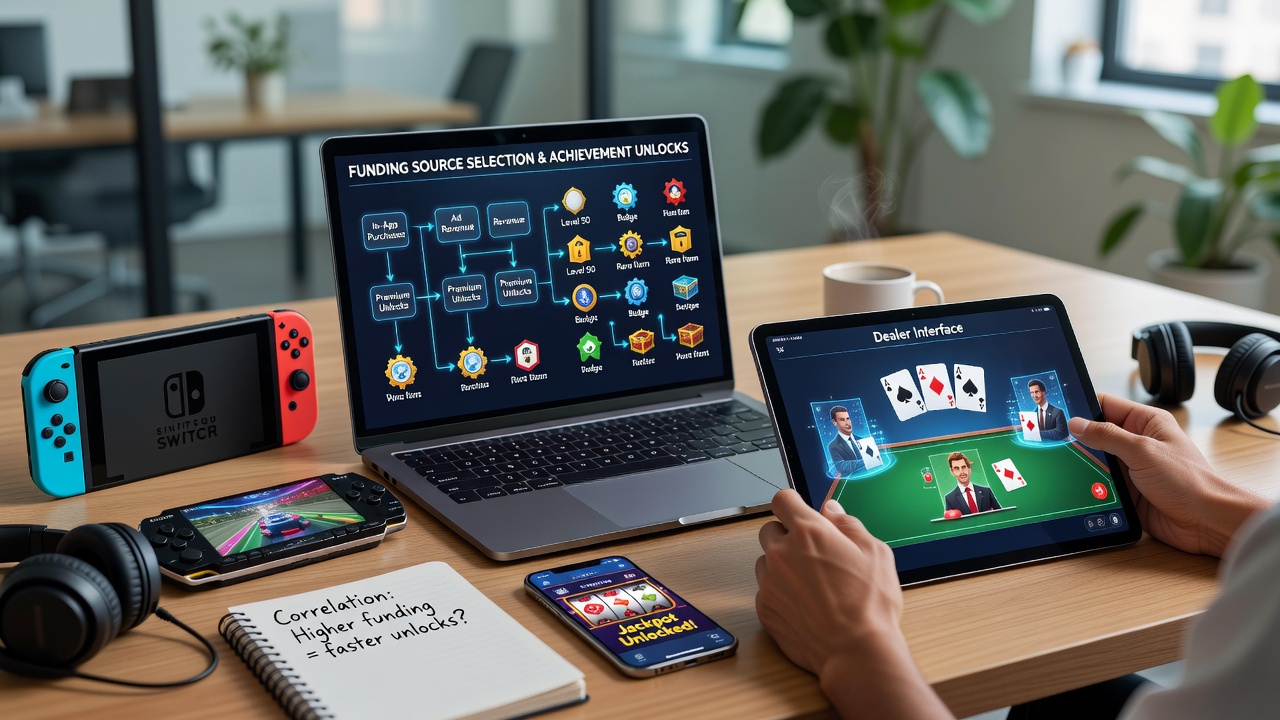 Mobile gaming app interface showing interactive dealer table with payment options and achievement progress indicators