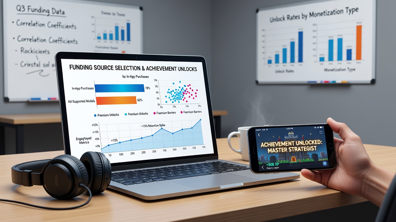 Analytics dashboard displaying correlations between funding methods and achievement unlock rates in live dealer mobile games