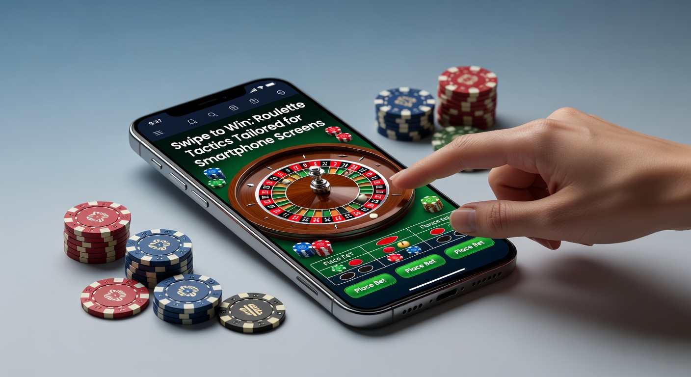 Close-up of a smartphone displaying a vibrant roulette wheel interface with colorful betting chips scattered across a virtual table, highlighting swipe gesture overlays for quick mobile bets